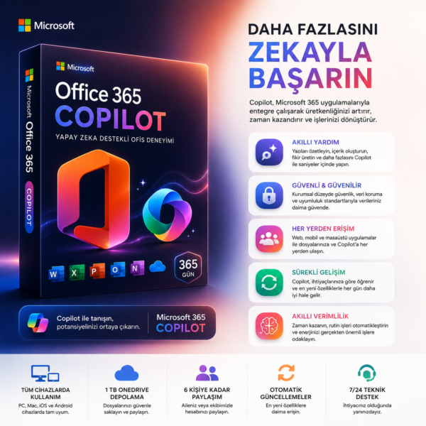 Office 365 1 PC PC/Mac/Tablet/Android Copilot Destekli Tüm Özellikler Açık